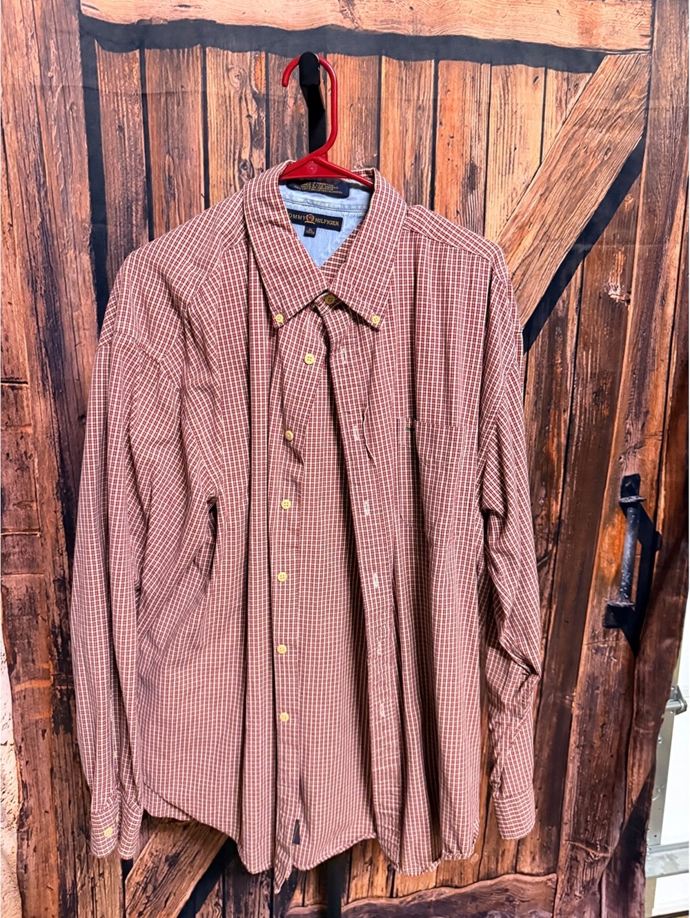Tommy Hilfiger Men's XL Button-Down Cotton Shirt Red Checkered